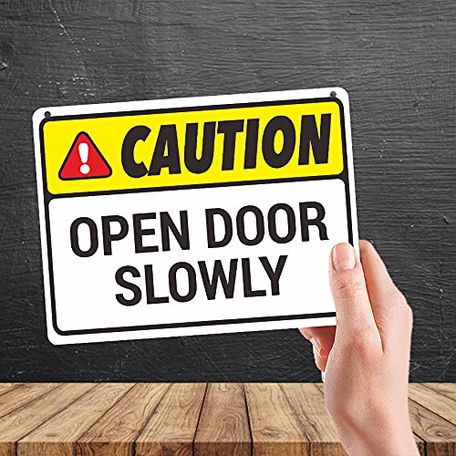 Kruzroyal MP454 Caution : Open Door Slowly Funny Novelty Retro Vintage Metal Wall Sign Plaque 20cm x 15cm