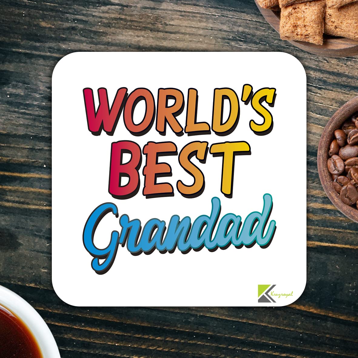 WB025 World's Best Grandad MDF Wooden Coaster by Kruzroyal | Gift for Grandad | Unique Novelty Present | 9cm x 9cm | Coffee Tea MDF Wooden Coaster