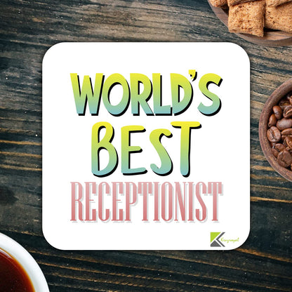 WB086 World's Best Receptionist MDF Wooden Coaster by Kruzroyal | Gift for Receptionist | Unique Novelty Present | 9cm x 9cm | Coffee Tea MDF Wooden Coaster