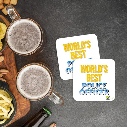 WB048 World's Best Police Officer MDF Wooden Coaster by Kruzroyal | Gift for Police Officer | Unique Novelty Present | 9cm x 9cm | Coffee Tea MDF Wooden Coaster