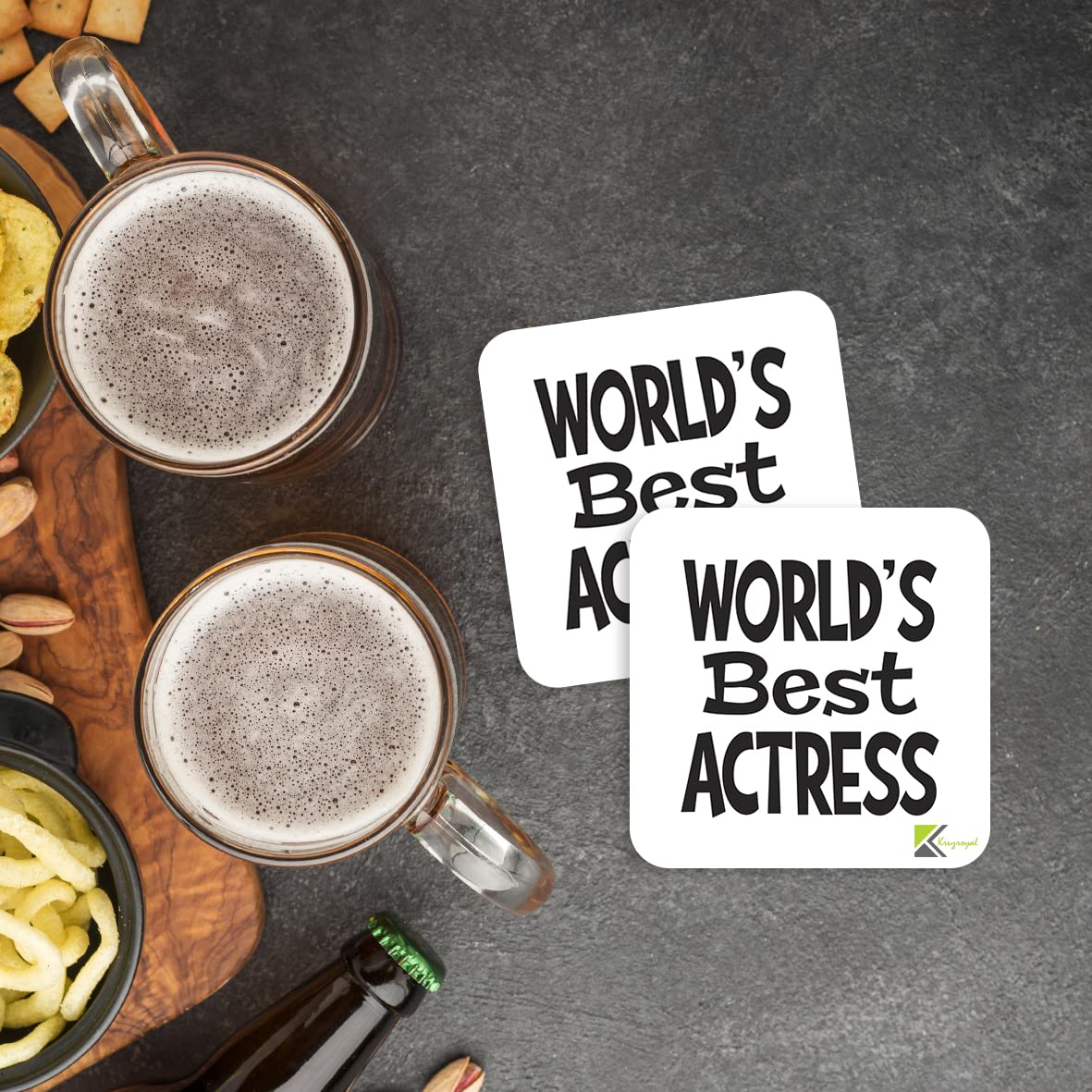 WB027 World's Best Actress MDF Wooden Coaster by Kruzroyal | Gift for Actress | Unique Novelty Present | 9cm x 9cm | Coffee Tea MDF Wooden Coaster