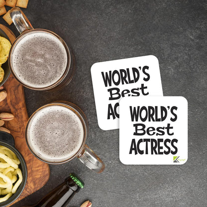 WB027 World's Best Actress MDF Wooden Coaster by Kruzroyal | Gift for Actress | Unique Novelty Present | 9cm x 9cm | Coffee Tea MDF Wooden Coaster