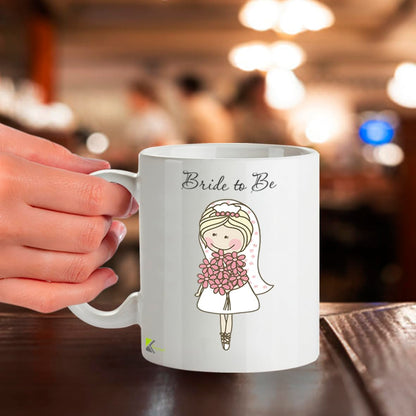 Kruzroyal Bride to Be Mug, Cute Cartoon Bride Design with Flowers, Engagement Gift for Her, Fiancée or Future Mrs, White Ceramic Coffee Cup, 11 oz Novelty Great Gift Idea Coffee Tea Mug