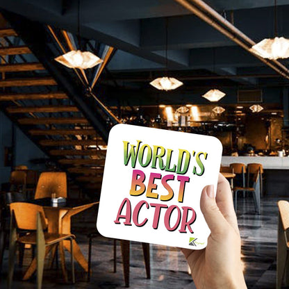 WB065 World's Best Actor MDF Wooden Coaster by Kruzroyal | Gift for Actor | Unique Novelty Present | 9cm x 9cm | Coffee Tea MDF Wooden Coaster