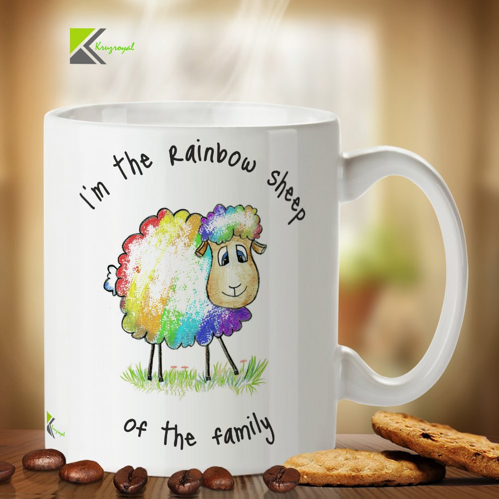 Kruzroyal Cute Rainbow Sheep Mug, I'm The Rainbow Sheep of The Family Design, Funny LGBTQ Pride Gift for Friends, Gay Son or Daughter, White Ceramic Coffee Tea Cup, 11 oz DZ130