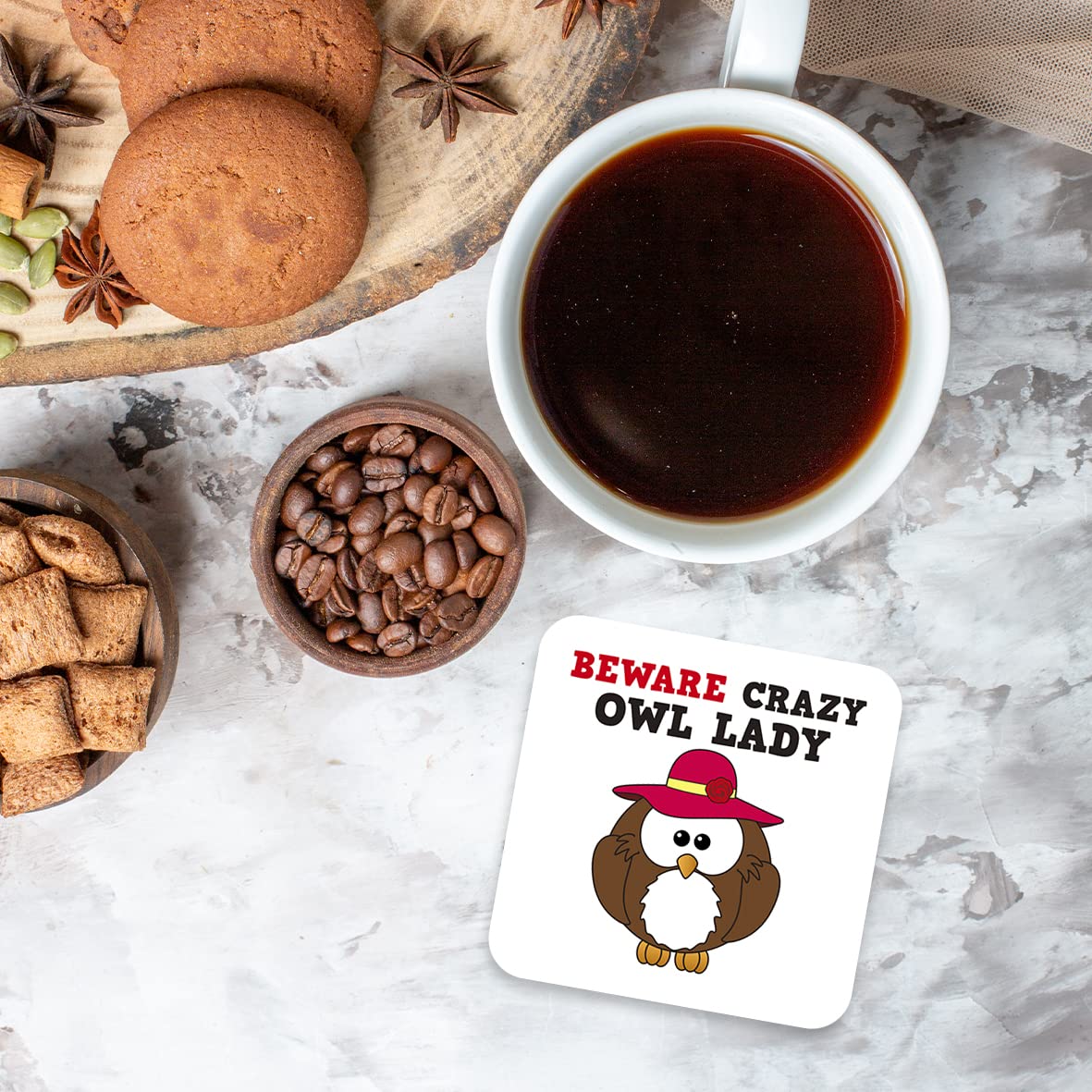 CS532 Beware Crazy OWL Lady Novelty Funny Coffee Tea Drink Gift Glossy MDF Wooden Coaster
