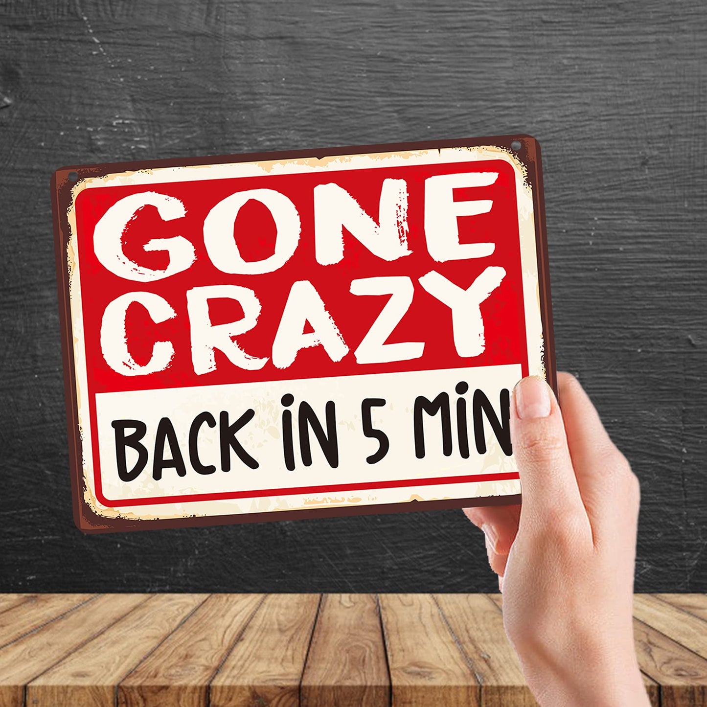 Kruzroyal MP110 GONE CRAZY : BACK IN 5 MIN Funny Novelty Retro Vintage Metal Wall Sign Plaque 20cm x 15cm