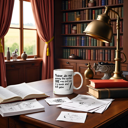 Kruzroyal Do Not Annoy Writer Mug | Funny Book Author Gift Ceramic Coffee Tea Cup for Novelist, Editor, Friend | She May Put You in a Book