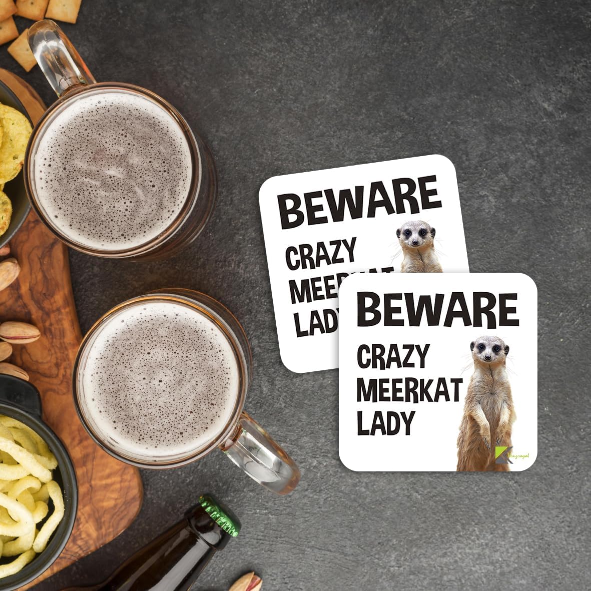 CS061 Beware crazy meerkat lady Novelty Funny Coffee Tea Drink Gift Glossy MDF Wooden Coaster | Gifts for Her, Women, Mum, Friend | Birthday & Animal Lover Present