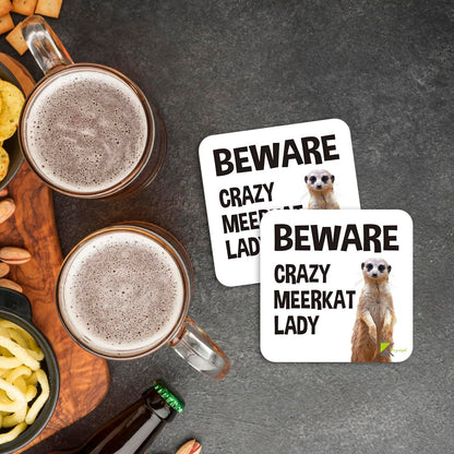 CS061 Beware crazy meerkat lady Novelty Funny Coffee Tea Drink Gift Glossy MDF Wooden Coaster | Gifts for Her, Women, Mum, Friend | Birthday & Animal Lover Present