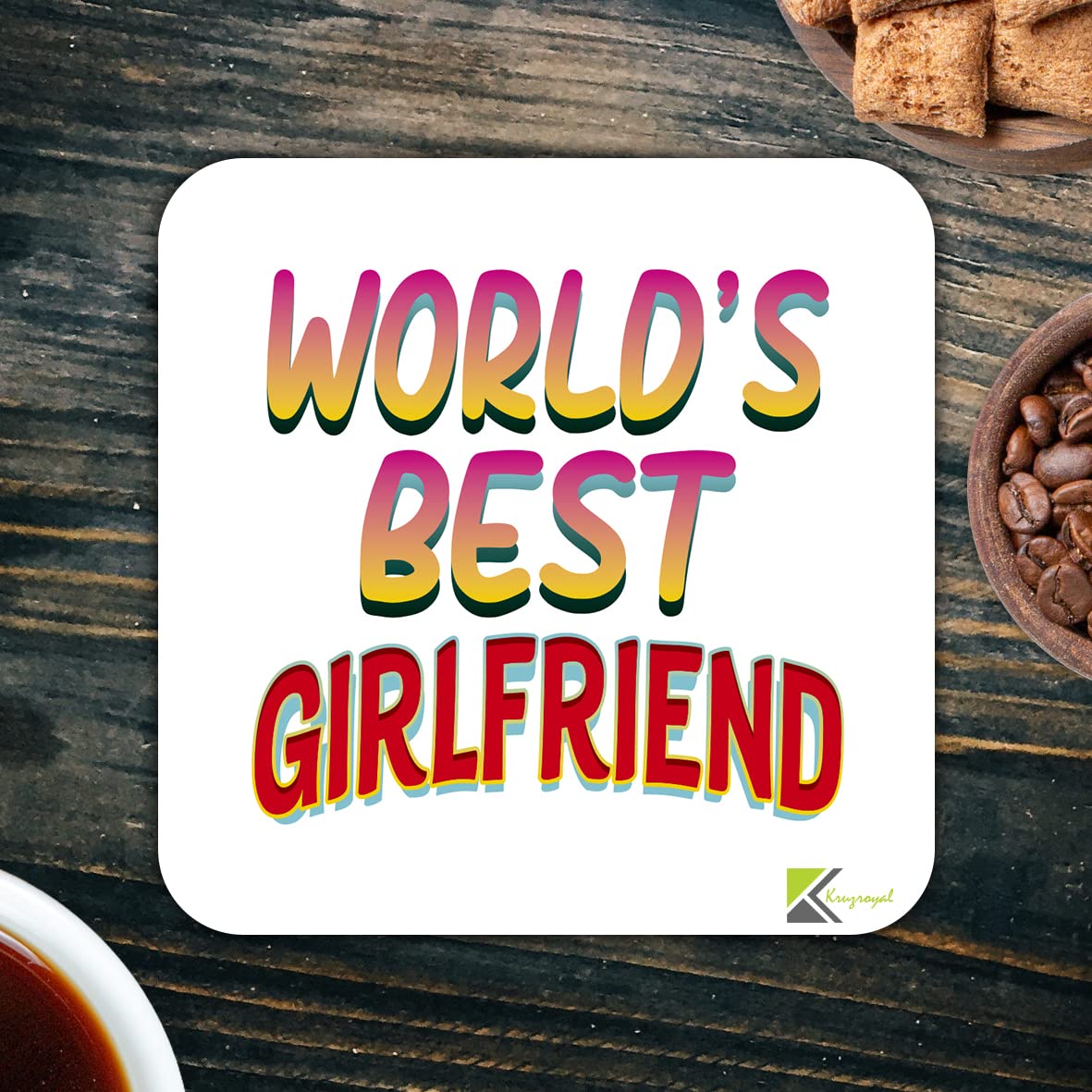 WB036 World's Best Girlfriend MDF Wooden Coaster by Kruzroyal | Gift for Girlfriend | Unique Novelty Present | 9cm x 9cm | Coffee Tea MDF Wooden Coaster