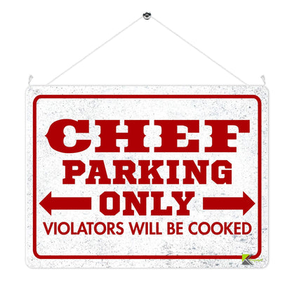 Kruzroyal MP383 CHEF PARKING ONLY, Violators will be cooked. Funny Novelty Retro Vintage Metal Wall Sign Plaque 20cm x 15cm