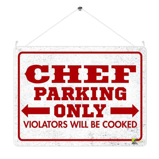 Kruzroyal MP383 CHEF PARKING ONLY, Violators will be cooked. Funny Novelty Retro Vintage Metal Wall Sign Plaque 20cm x 15cm