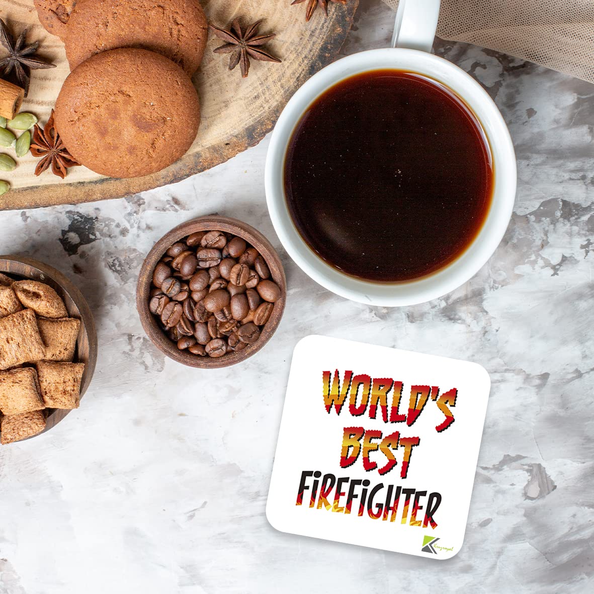 WB055 World's Best Firefighter MDF Wooden Coaster by Kruzroyal | Gift for Firefighter | Unique Novelty Present | 9cm x 9cm | Coffee Tea MDF Wooden Coaster