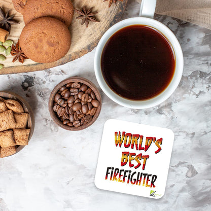 WB055 World's Best Firefighter MDF Wooden Coaster by Kruzroyal | Gift for Firefighter | Unique Novelty Present | 9cm x 9cm | Coffee Tea MDF Wooden Coaster