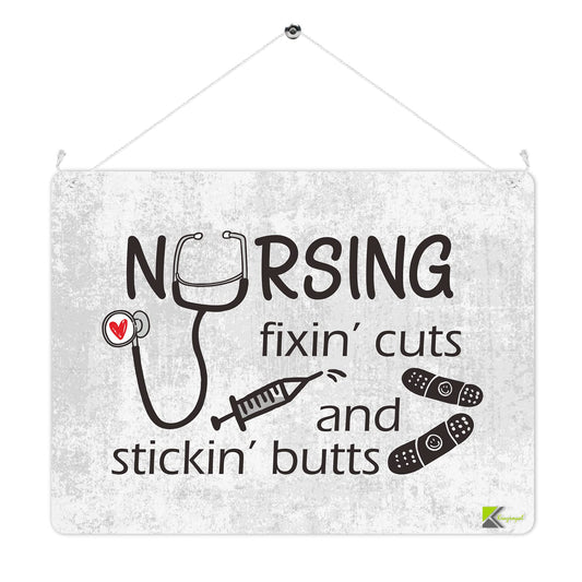 MP241 NURSING: fixin' cuts and stickin' but*s Funny Novelty Retro Vintage Metal Wall Sign Plaque 20cm x 15cm