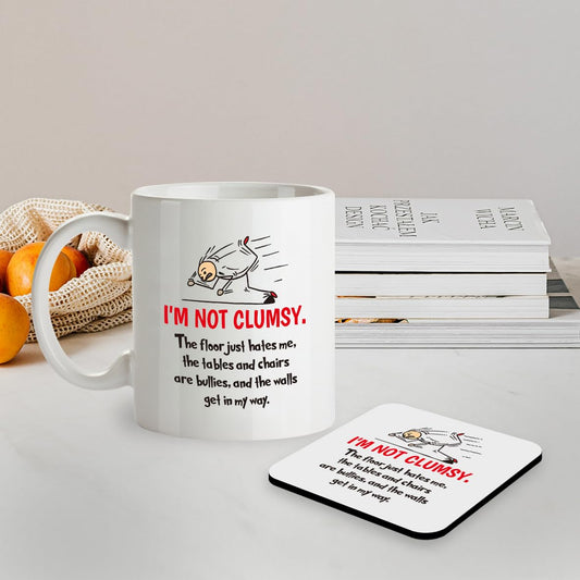 SM020 'I'm Not Clumsy' Funny Novelty Mug and Coaster Set - 11oz Sarcastic Quote Coffee Cup - Gag Gift for Men, Women, Coworkers