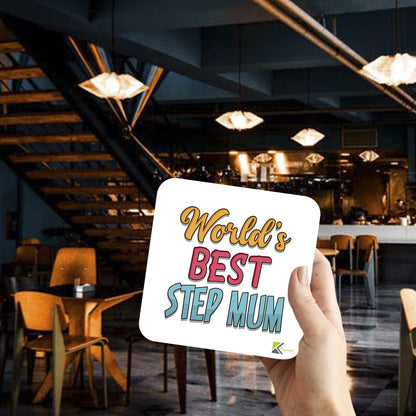 WB019 World's Best Step Mum MDF Wooden Coaster by Kruzroyal | Gift for Step Mum | Unique Novelty Present | 9cm x 9cm | Coffee Tea MDF Wooden Coaster
