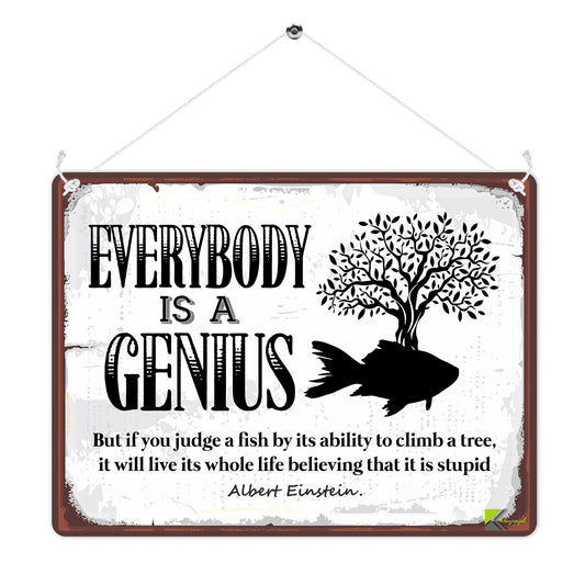Kruzroyal MP266 Albert Einstein - Everybody is a genius quote Funny Novelty Retro Vintage Metal Wall Sign Plaque 20cm x 15cm