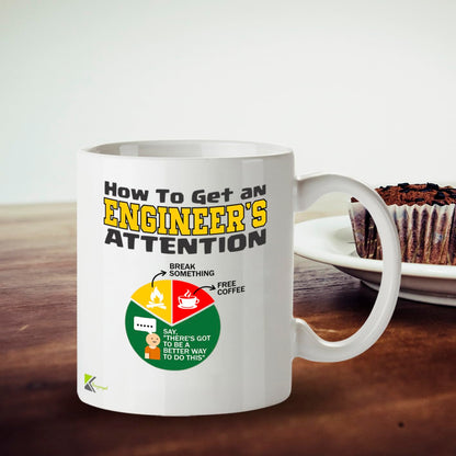 DZ955 Funny Engineer Mug - How to Get Engineer's Attention - Perfect STEM, Tech, IT Gift for Grads & Coworkers - 11oz White Ceramic Coffee Cup