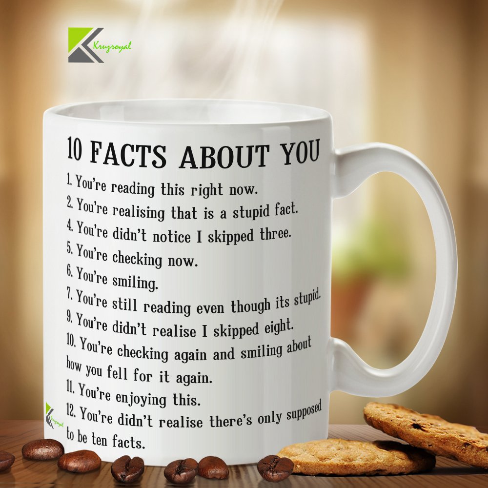 Kruzroyal Funny Prank Mug, 10 Facts About You Mind Trick Design, Novelty Gag Gift for Friends, Dad, Coworker or Student, White Ceramic Coffee Cup, 11 oz