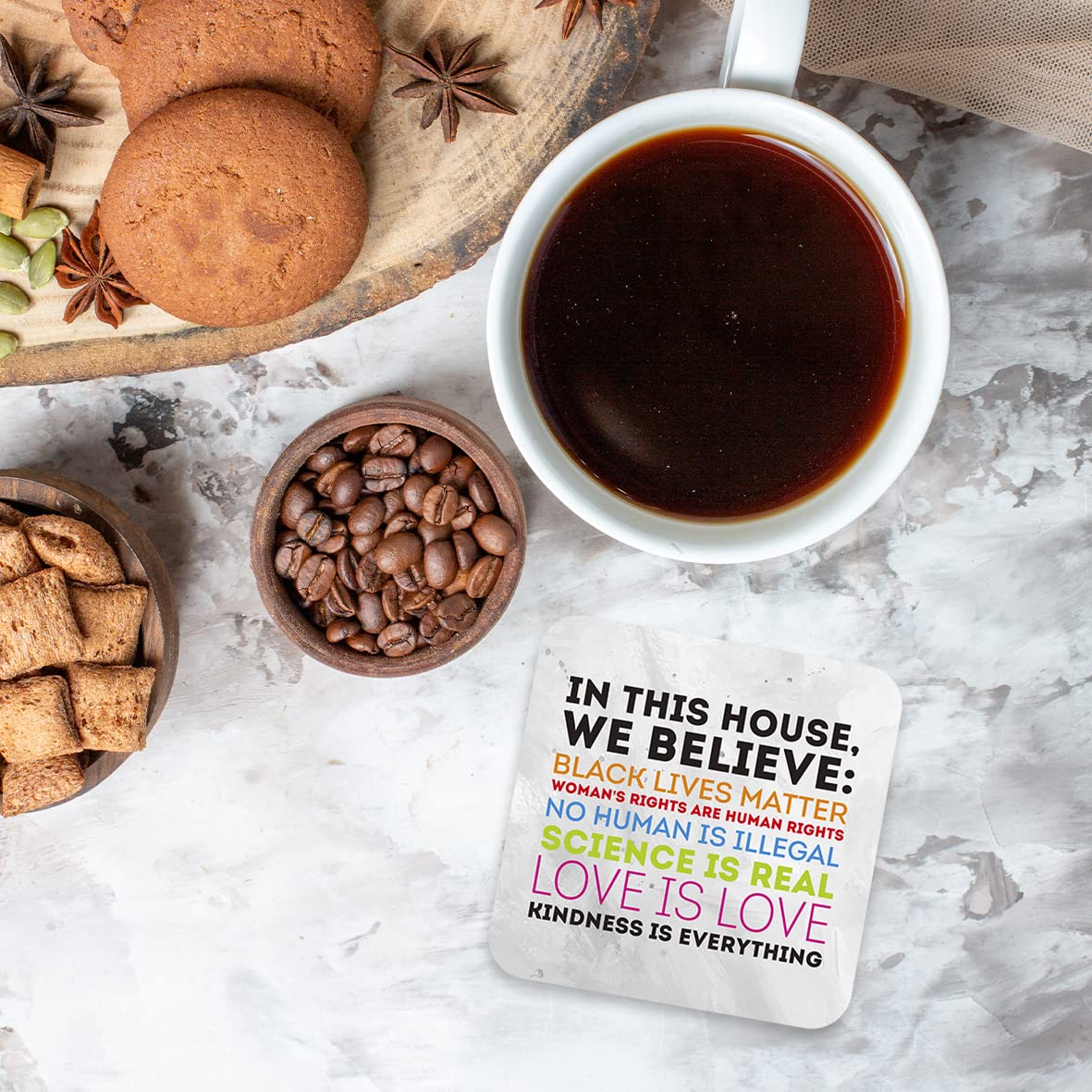 CS787 in This House, we Believe: Black Lives Matter, Woman's Rights are Human Rights, Love is Love Novelty Funny Coffee Tea Drink Gift Glossy MDF Wooden Coaster