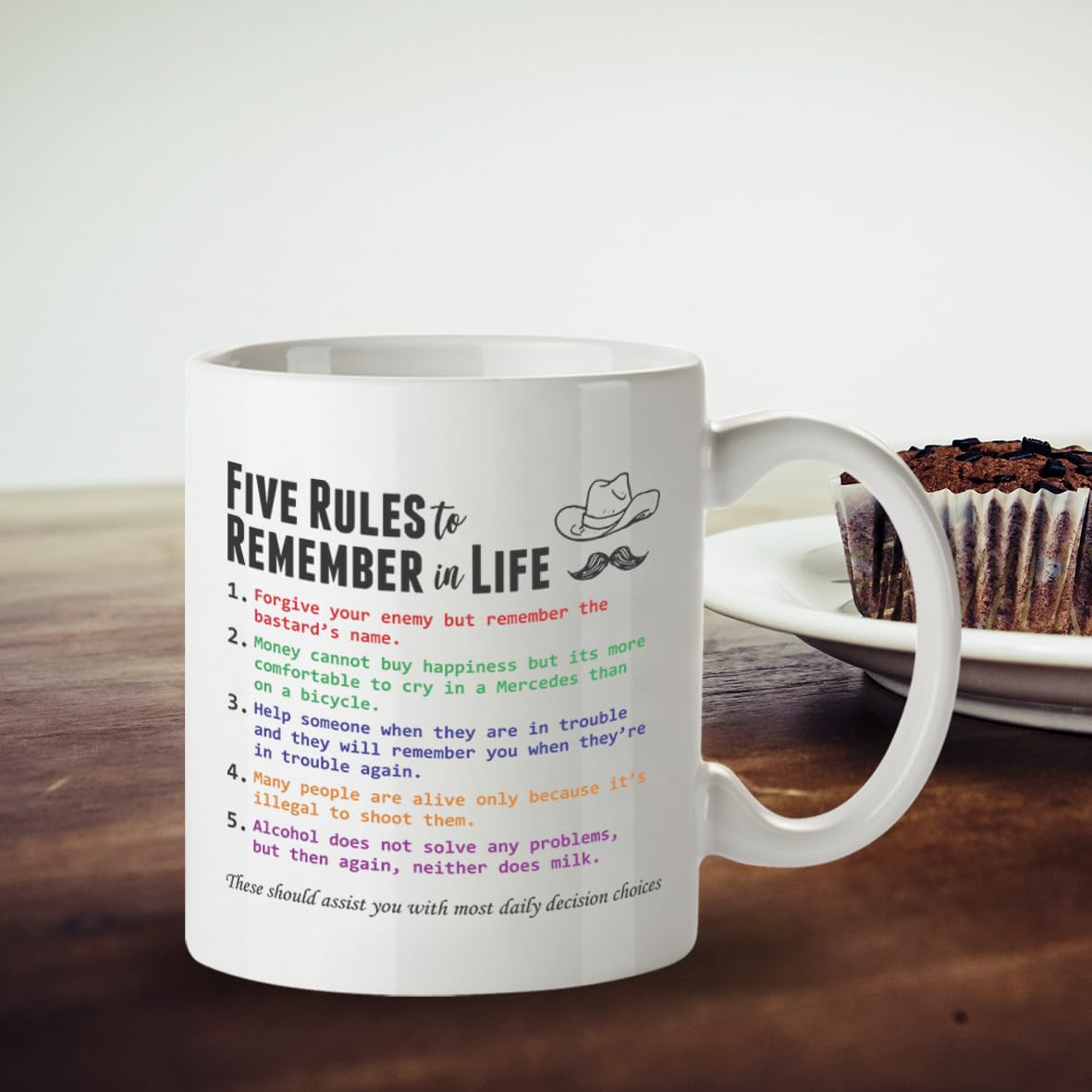 DZ497 Five rules to remember in life Funny Novelty Gift Idea 11OZ Coffee Tea Mug | Sarcastic Gift for Men Dad Grandad | Cynical Wisdom Novelty Coffee Cup Birthday Father's Day Present for Him 11oz