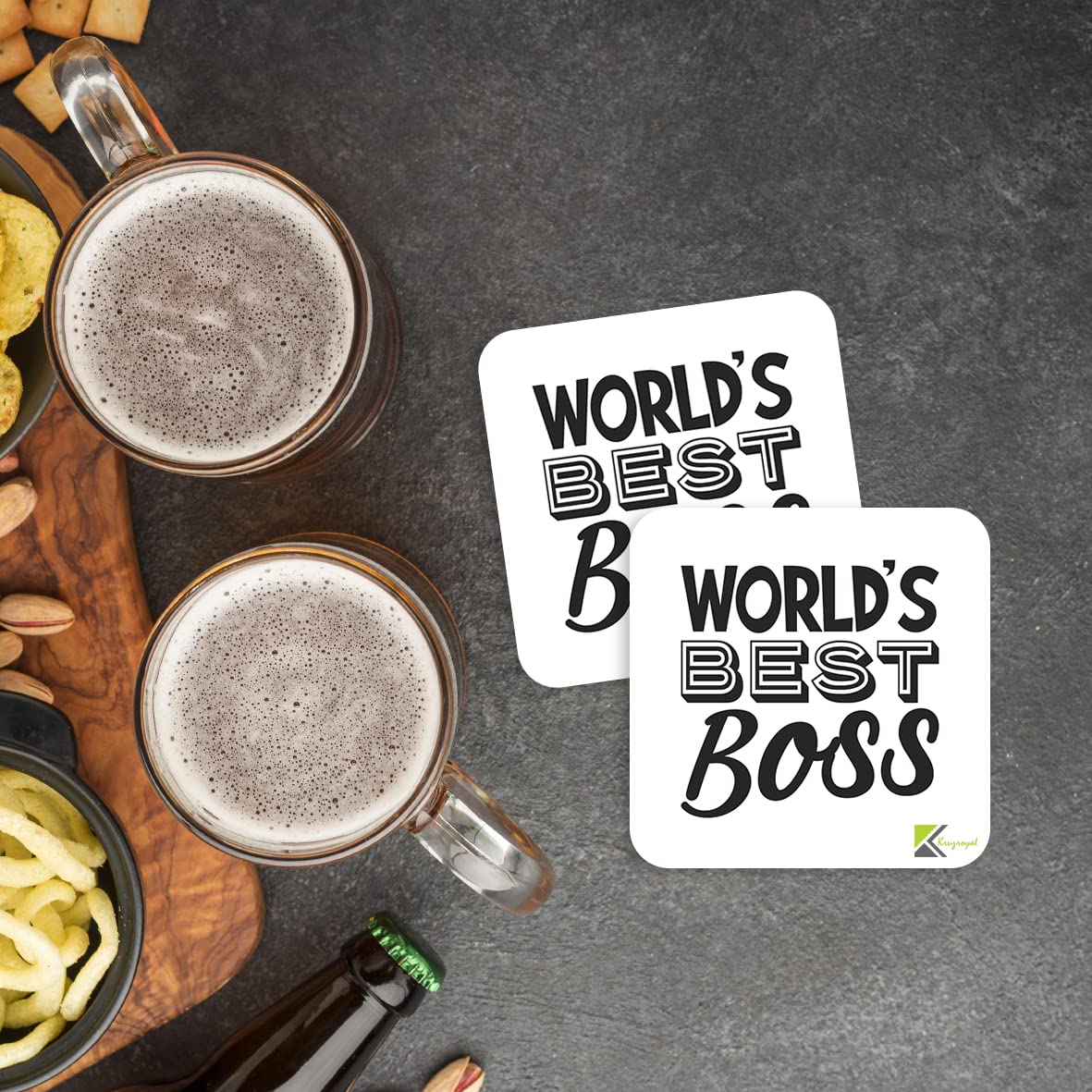 WB012 World's Best Boss MDF Wooden Coaster by Kruzroyal | Gift for Boss| Unique Novelty Present | 9cm x 9cm | Coffee Tea MDF Wooden Coaster