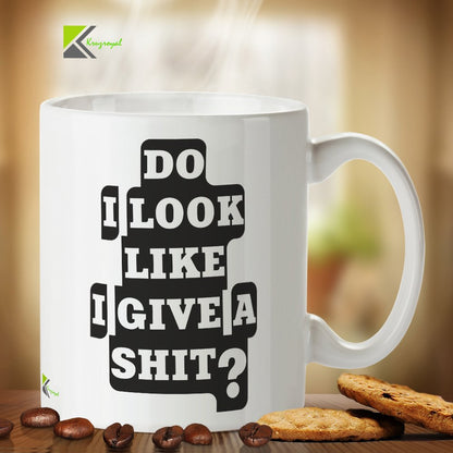 Kruzroyal Sarcastic Office Mug, Do I Look Like I Give A Sh*t Design, Funny Novelty Gag Gift for Coworker or Boss, White Ceramic Coffee Cup, 11 oz