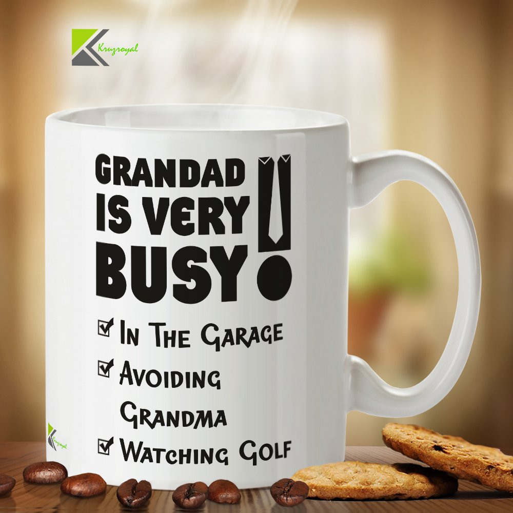 Kruzroyal Funny Grandad Mug, Grandad is Very Busy in Garage Watching Golf Design, Novelty Gift for Grandfather or Grandpa, White Ceramic Coffee Cup, 11 oz