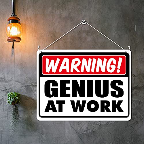 Kruzroyal MP346 WARNING!, Genius at work. Funny Novelty Retro Vintage Metal Wall Sign Plaque 20cm x 15cm