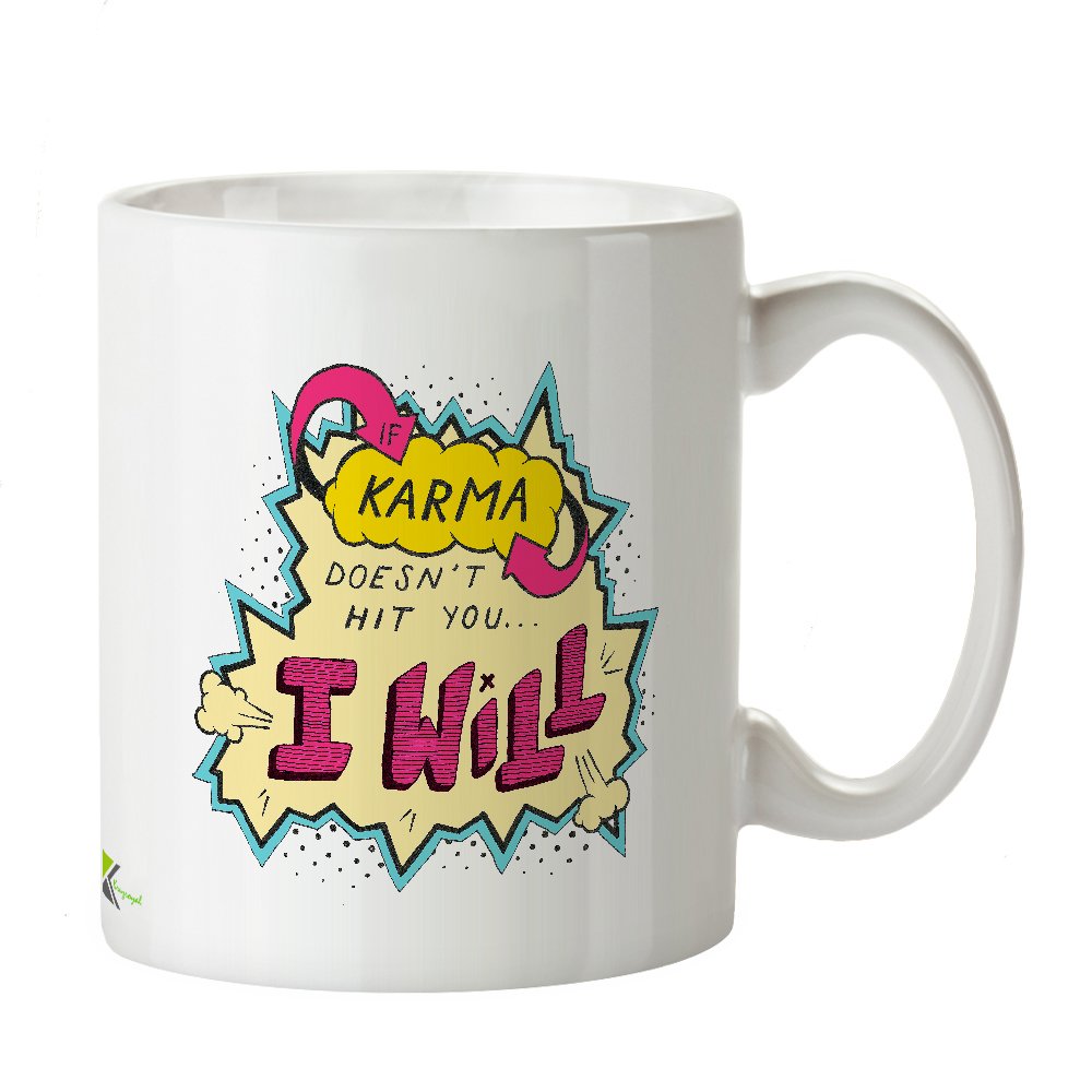Kruzroyal Funny Karma Mug, If Karma Doesn't Hit You Design, Sassy Retro Comic Book Gift for Friend or Coworker, White Ceramic Coffee Cup, 11 oz