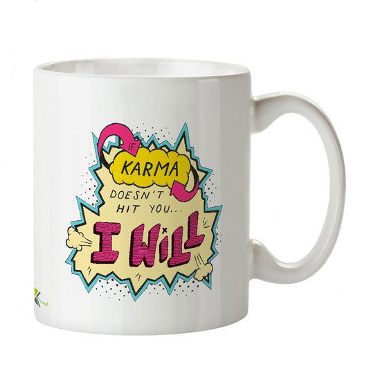 Kruzroyal Funny Karma Mug, If Karma Doesn't Hit You Design, Sassy Retro Comic Book Gift for Friend or Coworker, White Ceramic Coffee Cup, 11 oz
