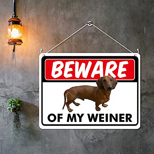 Kruzroyal MP344 BEWARE, Of my weiner. Funny Novelty Retro Vintage Metal Wall Sign Plaque 20cm x 15cm