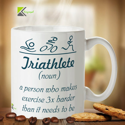 Kruzroyal Funny Triathlete Mug, Definition 3X Harder Than It Needs to Be Design, Novelty Sports Gift for Marathon Runner, Cyclist or Swimmer, White Ceramic, 11 oz