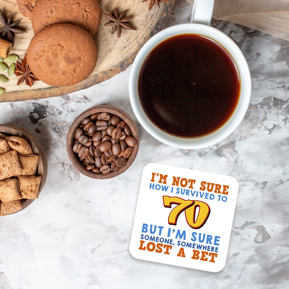 CS566 I'm Not Sure How i Survived to 70 But I'm Sure Someone, Somewhere Lost a Bet. Novelty Funny Coffee Tea Drink Gift Glossy MDF Wooden Coaster