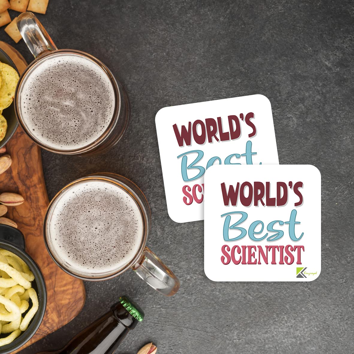 WB056 World's Best Scientist MDF Wooden Coaster by Kruzroyal | Gift for Scientist | Unique Novelty Present | 9cm x 9cm | Coffee Tea MDF Wooden Coaster