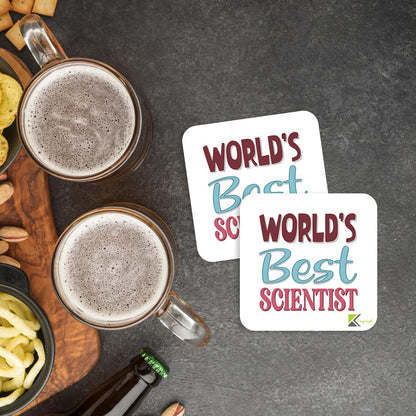 WB056 World's Best Scientist MDF Wooden Coaster by Kruzroyal | Gift for Scientist | Unique Novelty Present | 9cm x 9cm | Coffee Tea MDF Wooden Coaster