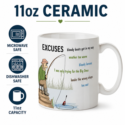 Kruzroyal Funny Fishing Excuses Mug, The Fisherman's Excuses Wrap Around Design, Novelty Angling Gift for Dad, Grandad or Husband, Funny Novelty Great Gift Idea Coffee Tea Cup11 oz