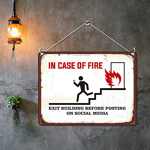 Kruzroyal MP090 In case of fire, exit building before posting on social media Funny Novelty Retro Vintage Metal Wall Sign Plaque 20cm x 15cm