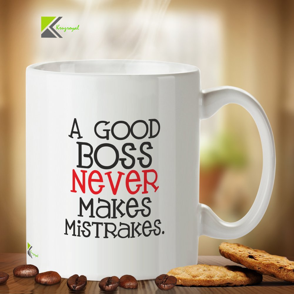 Kruzroyal Funny Boss Mug, Never Makes Mistrakes Ironic Spelling Design, Sarcastic Novelty Gift for Manager, Supervisor or CEO, White Ceramic, 11 oz