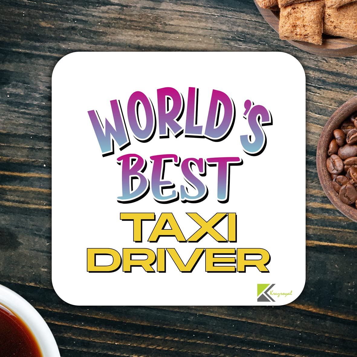 WB093 World's Best Taxi Driver MDF Wooden Coaster by Kruzroyal | Gift for Taxi Driver| Unique Novelty Present | 9cm x 9cm | Coffee Tea MDF Wooden Coaster