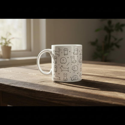 Kruzroyal Cute Dog Happy Doodle Pattern Ceramic Coffee Mug, White, 11oz, Novelty Gift for Dog Lovers