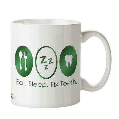 Kruzroyal Funny Dentist Mug, Eat Sleep Fix Teeth Design, Novelty Gift for Dental Nurse, Orthodontist or Hygienist, White Ceramic Coffee Cup, 11 oz