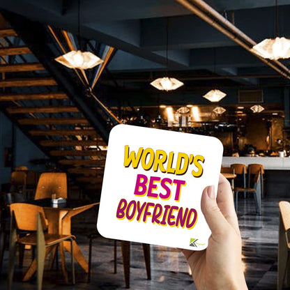 WB035 World's Best Boyfriend MDF Wooden Coaster by Kruzroyal | Gift for Boyfriend | Unique Novelty Present | 9cm x 9cm | Coffee Tea MDF Wooden Coaster