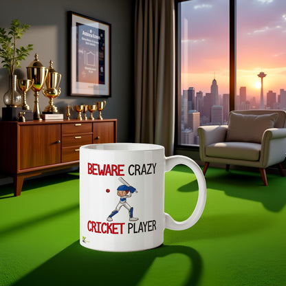 Kruzroyal "Beware Crazy Cricket Player Funny Mug - 11oz Ceramic Coffee Cup, Novelty Gift for Players, Fans, Men, Dad, Coach
