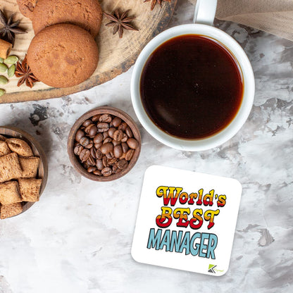 WB038 World's Best Manager MDF Wooden Coaster by Kruzroyal | Gift for Manager | Unique Novelty Present | 9cm x 9cm | Coffee Tea MDF Wooden Coaster