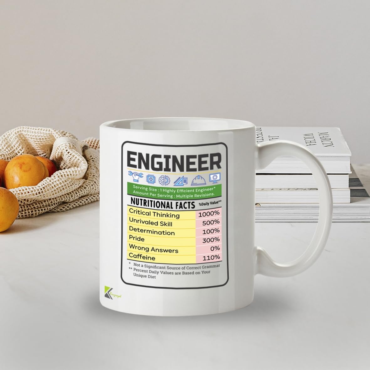 Kruzroyal Funny Engineer Mug Nutritional Facts - 11oz Ceramic Coffee Tea Cup Gift for Engineers Students Coworkers - Dishwasher Microwave Safe STEM Novelty Present