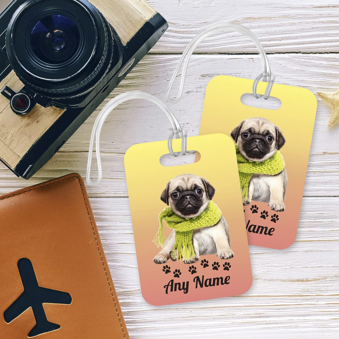 PLT233 Personalised Name Pug Dog Novelty Funny Unique Designer Gift Glossy Plastic Suitcase Luggage Tag