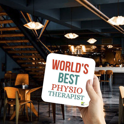 WB071 World's Best Physiotherapist MDF Wooden Coaster by Kruzroyal | Gift for Physiotherapist | Unique Novelty Present | 9cm x 9cm | Coffee Tea MDF Wooden Coaster